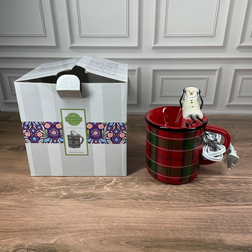 Scentsy Melt My Heart Warmer Red‎ Plaid Mug Snowman Wax Fragrance NEW